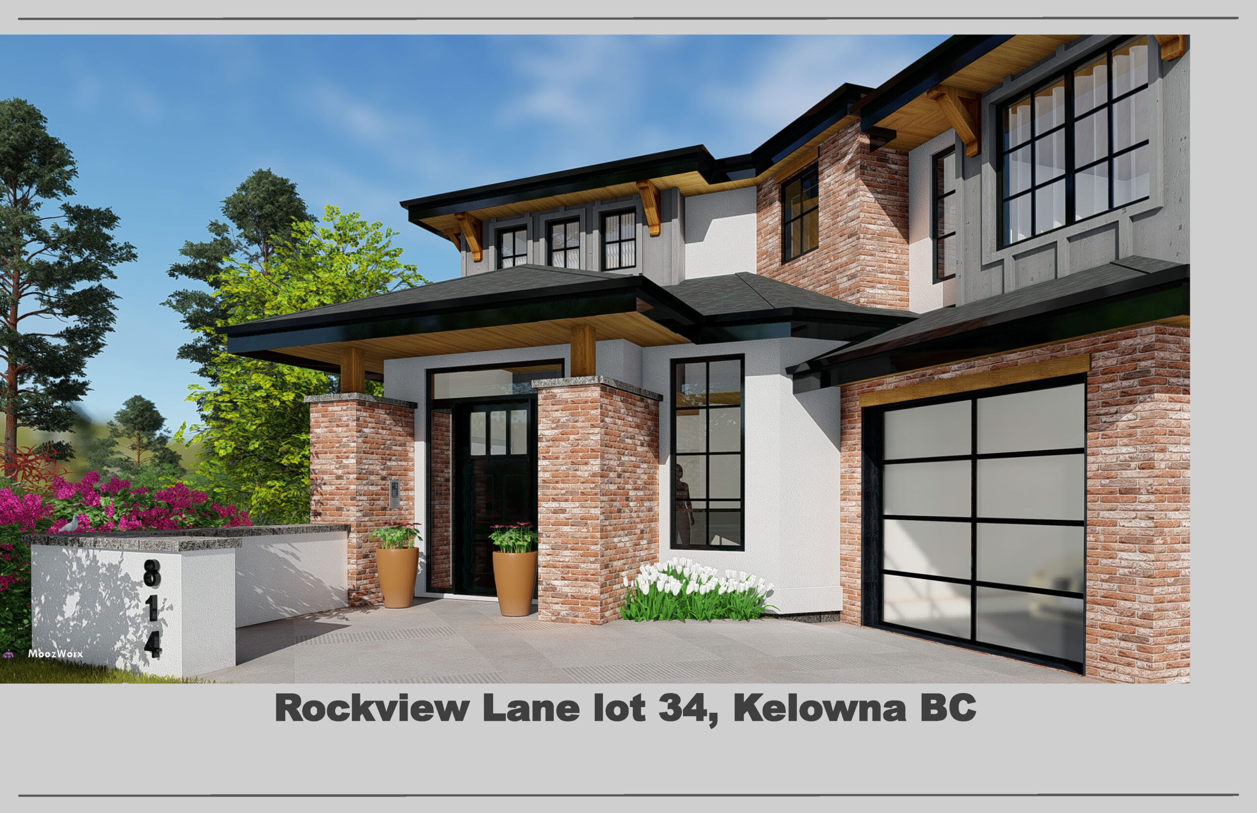 Front entrance rendering of 472 Rockview Lane showcasing door entry and garage