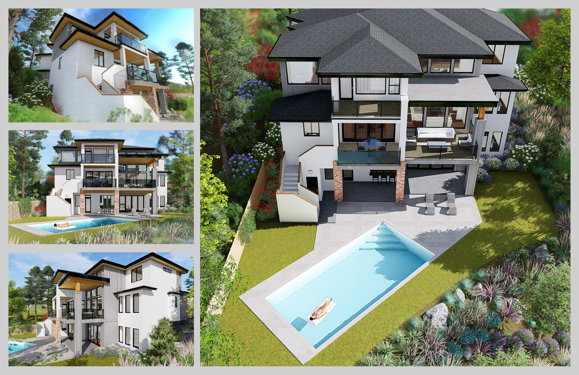 Home rendering for 472 Rockview Lane with 4 different angles, showcasing the large pool and luxury three floor design