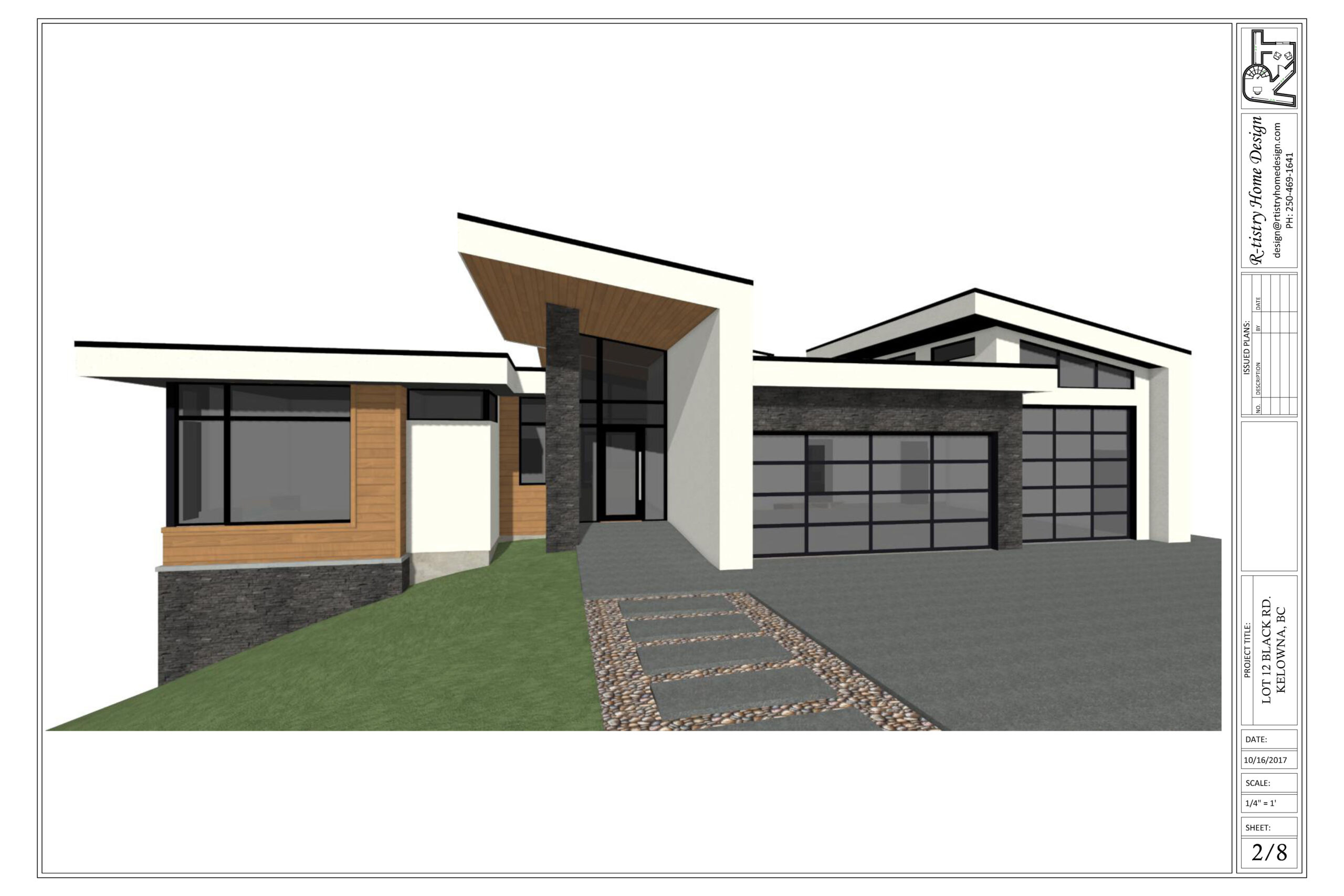 Front entrance rendering for Pinot Noir elevations showcasing glass paneling with grey stone and wooden panelling