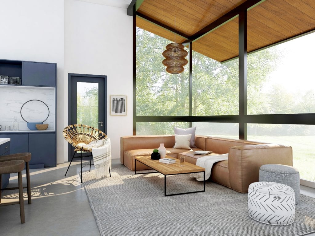 Contemporary home design style living room with brown leather sofa, black framed floor to ceiling windows and a light grey rug.